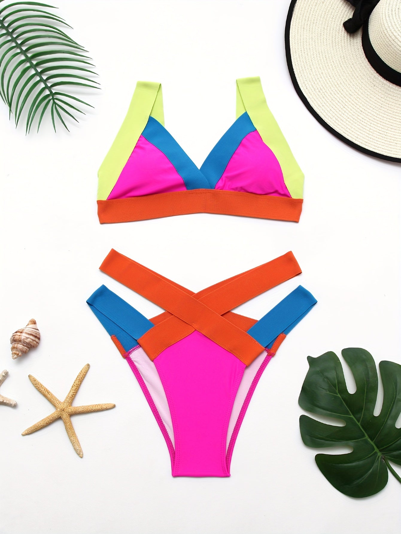 Women'S High Stretch Color Block Bikini Set - European & American Style Triangle Cross Strap Swimsuit with Neon Green, Pink, Blue, Orange Bandeau Top & High-Waisted Bottoms